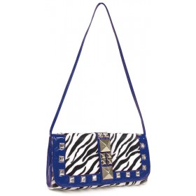 Animal Zebra Print Clutch - Faux Fur Zebra Print w/ Pyramid Studs - Blue - BG-90274BL